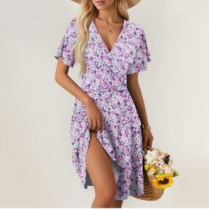 Floral V-Neck Mini Dress in Purple